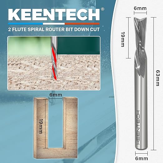 KEENTECH 1/2" Shank Downcut 2 Flute Flat Tip Sprial Router Bit for CNC Router Machine, 1/2" Cutting Diameter, 2" Cutting Depth, for Wood Cutting, Custom Furniture, Slot Mortise, Engraving, Carving