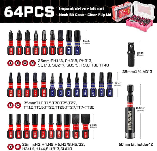 64Pieces Impact Screwdriver Bits Set, S2 Steel Magnetic Phillips/Slotted/Square/Torx/Hex Muliti Insert Bits Tips Set with Impact Bit Holder and 1/4?쒾ocket Adapter(Storage Box Case)