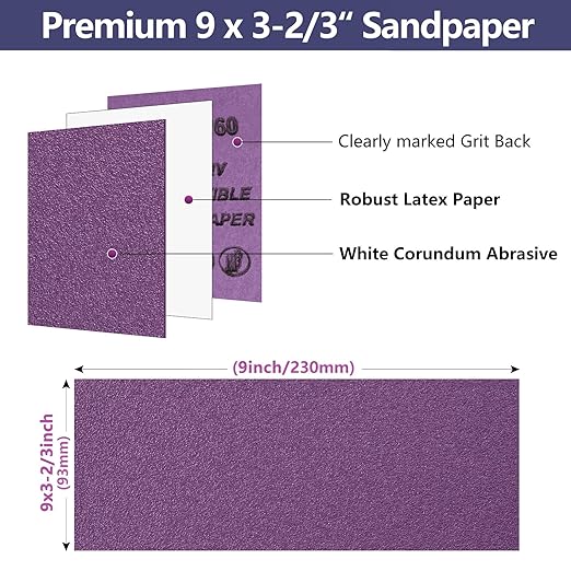 30-Sheet Premium White Corundum 60 Grit Sandpaper, 9 x 3-2/3 Inch Heavy Duty Wet Dry Abrasive Sheets for Wood Metal Automotive Coarse Sanding and Smoothing