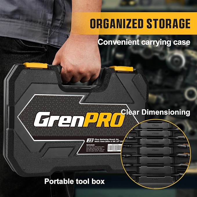 GRENPRO Ratcheting Wrenches Set, Combination Wrench Sets With Organizer Box, 23PC SAE & Metric And Standard, 1/4" to 3/4" & 6-18mm, Open End Wrench Set, Electrophoretic Coating Sock Mechanic Tools