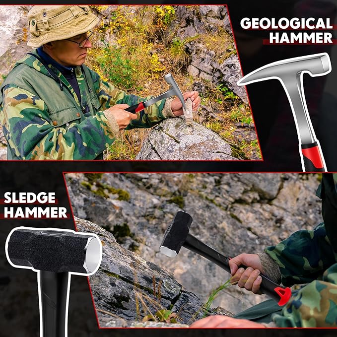 Lasnten 3 Pcs Geology Rock Pick Equipment Kit 33 oz Hammer 3lb Octagonal Hammer 12inch Chisels Tools for Geological Research Exploration, Rock Hounding, Stone Breaking, Prospecting, Mining (Red)