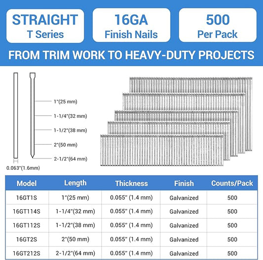meite 16 Gauge Finish Nails, 1-1/2 Inch Galvanized 16GA Finish Nails, Small Straight Finishing Nail, Ideal for Woodworking, Upholstery, and Framing Projects (500 Counts)