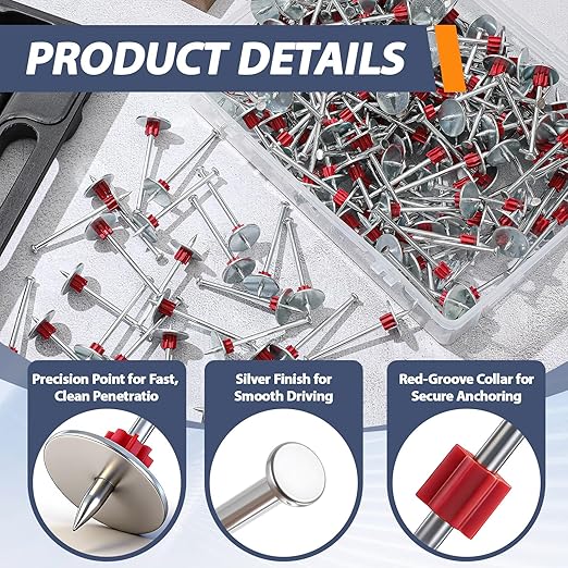 200 Pcs 3" Powder Actuated Fasteners, Sturdy Steel Drive Pins with Red Anti-jam Flute and 1" Washer for Concrete Steel, Fits Most Powder Actuated Tools