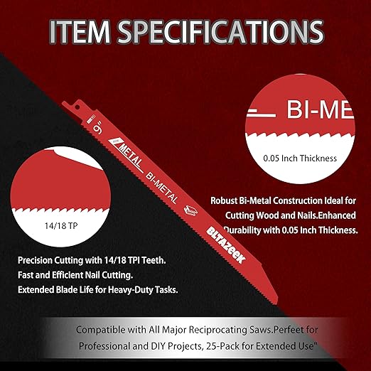 Bi-Metal Reciprocating Saw Blades 9 Inch 14/18 TPI, Durable Metal Cutting Blades for 1/16-5/16 Medium Metals, Premium Carbide Tipped Sawzall Blades, 25 Pack
