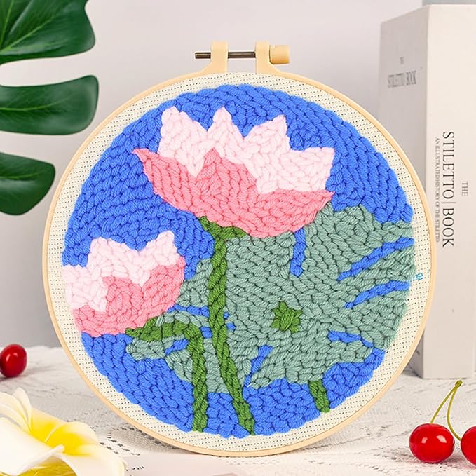 Woohome Punch Needle Kit Included Plastic Hoops, Punch Needle Cloth, Color Yarn and Punch Needle Tools for Adults, Beginners (Chrysanthemum, Lotus, Lily)