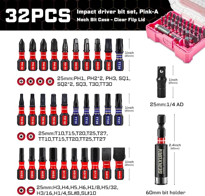 32Pieces Impact Screwdriver Bits Set, S2 Steel Magnetic Phillips/Slotted/Square/Torx/Hex Muliti Insert Bits Tips Set with Impact Bit Holder and 1/4?쒾ocket Adapter(Pink Storage Box Case)