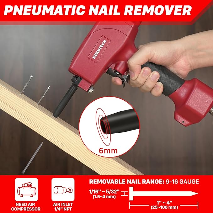 KEENTECH Pneumatic Nail Remover, Fast & Labor-Saving Air Punch Nailer, Denailer Air Gun with Dual Safety Trigger for Straight and Bent Nail, 9-16 Gauge nail remover tool for Wood Workpiece, Pallet