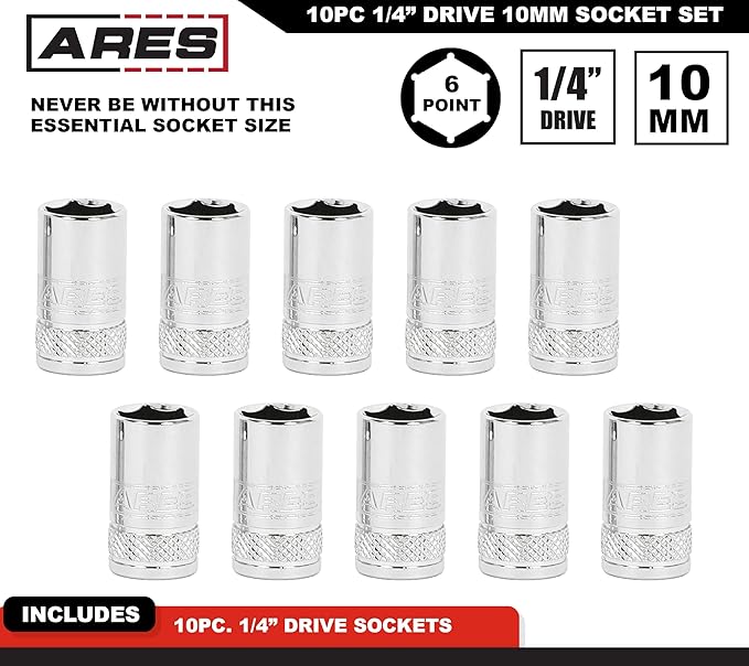 ARES 39018 ??10-Piece 1/4-Inch Drive 10mm Socket Set ??Premium Chrome Vanadium Socket Set Features Knurled Bands for Enhanced Grip ??1/4-Inch Drive Sockets with High Visibility Markings