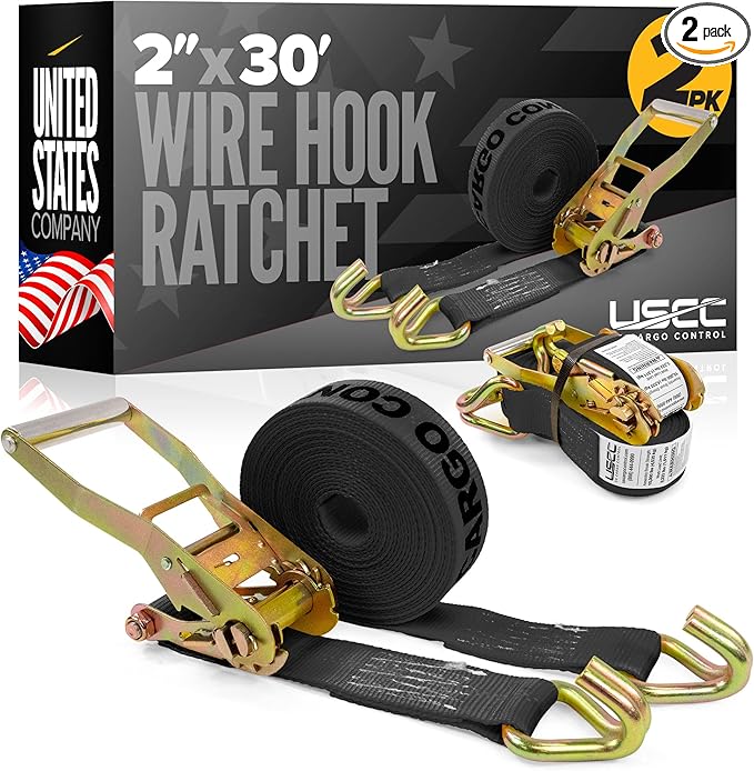 US Cargo Control Wire Hook Ratchet Straps 2 Inch x 30 Foot (2-Pack), 10,000 LBS Break Strength, Ratchet Straps Heavy Duty with Double J Hooks, Black Cargo Tie Downs for Flatbed Trailers and Trucks