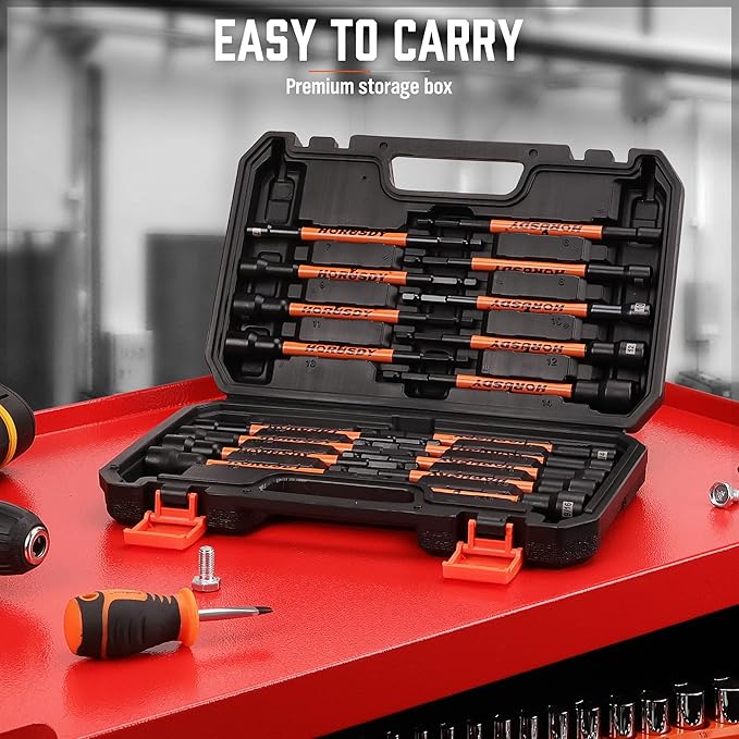 HORUSDY 18Pcs Nut Driver Set SAE and Metric, Impact Magnetic Nut Driver for impact drill, 6 Inch Extra Long Nut Drivers, Cr-V Steel 1/4" Hex Shank Quick Change, with Storage Case