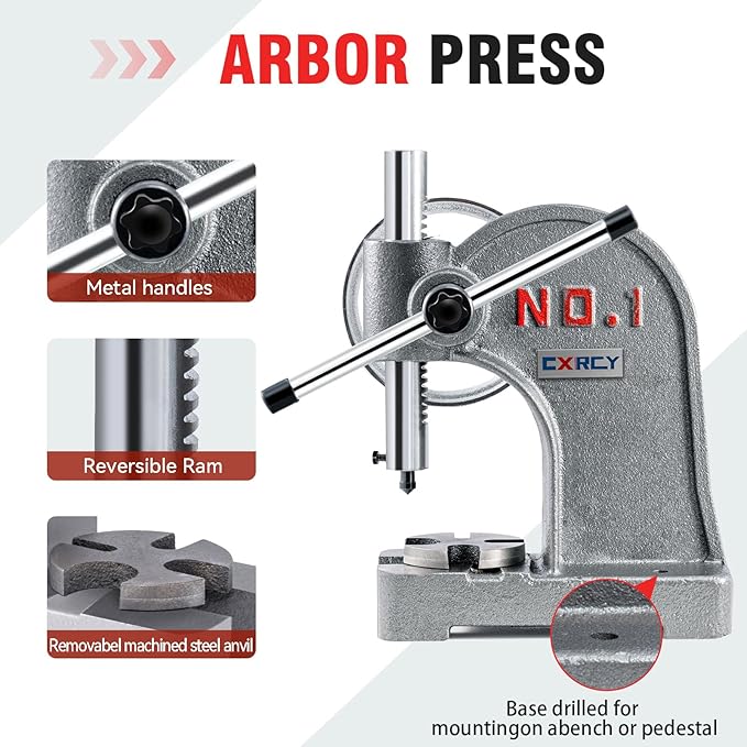 CXRCY Arbor Press 1 Ton Round Ram with Hand Wheel, Cast Iron Upgraded Manual Arbor Press, 5.5" Maximum Height, Desktop Arbor Press, Metal Punch Press Machine for Stamping Bending Forming Stretching