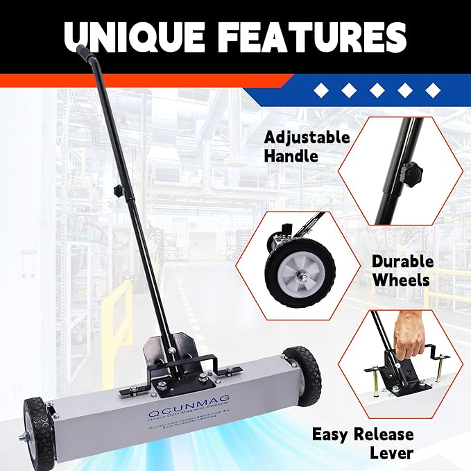 Rolling Magnetic Sweeper with Wheels, 55 Lbs 36-inch Large Magnet Pickup Lawn Sweeper with Telescoping Handle, Push-Type Magnetic Pick Up Sweeper, Easy Cleanup of Workshop Yard Garage