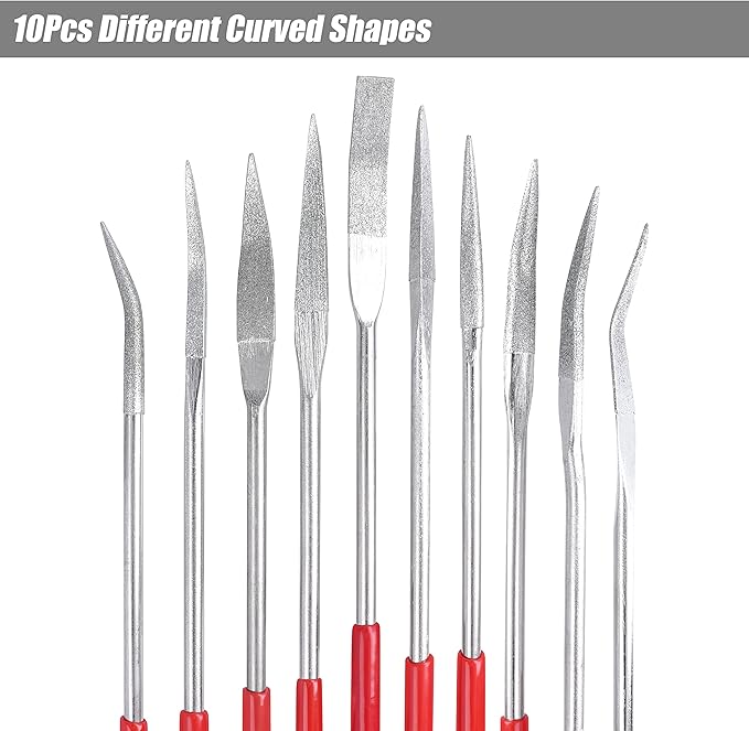 YAKAMOZ 10PCS Curved Mini Diamond Needle File Set Bent Small Metal Riffler Files Hand Tools for Glass Wood Stone Jewelry - Round Triangular Square Flat Shape 3x140mm