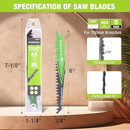 WORKPRO 6" Wood Pruning Reciprocating Saw Blade Set, 5TPI Pruning Saw Blades for Tree Pruning, Wet Wood Cutting with Organizer Case, Durable & Sharp, 5 Pieces