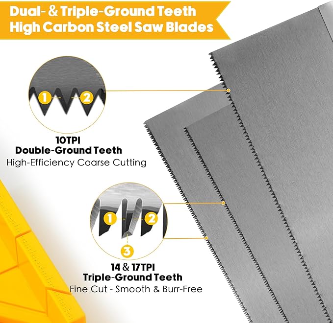 4PCS Miter Box and Saw Set, 4.13 × 12-Inch Extra-Wide Mitre Box with 3 Mitre Saws for Heavy-Duty Tasks, Miter Box with Saw Included for Precise Miter and Bevel Cuts Woodworking DIY Crafting