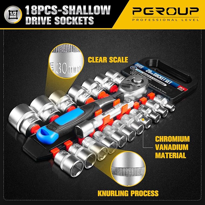 20 PCS 1/2" Drive Metric Socket Wrench Set,90-Tooth Reversible Ratchet Handle竊? Point Shallow Sockets (8-32mm) and Extension Bar 5", CR-V Steel, Car Repair Set