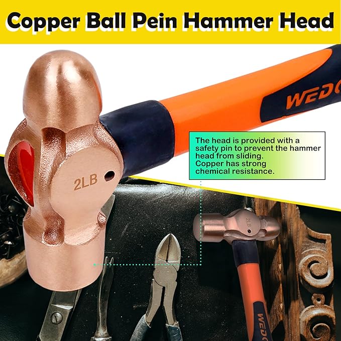WEDO 2PCS Copper Ball Peen Hammer Set, 8 oz + 12 oz(1/2lb+3/4lb), Ball Pein Hammer with Fiberglass Handle, Die-Forged, Corrosion Resistant, DIN Standard