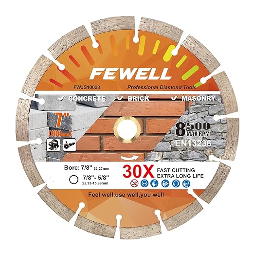 FEWELL 7 Inch Diamond Blade,Concrete Segmented Saw Blade for Angle Grinder Dry/Wet Cutting Concrete Masonry Brick Block Stone with 7/8"-5/8??Adapter
