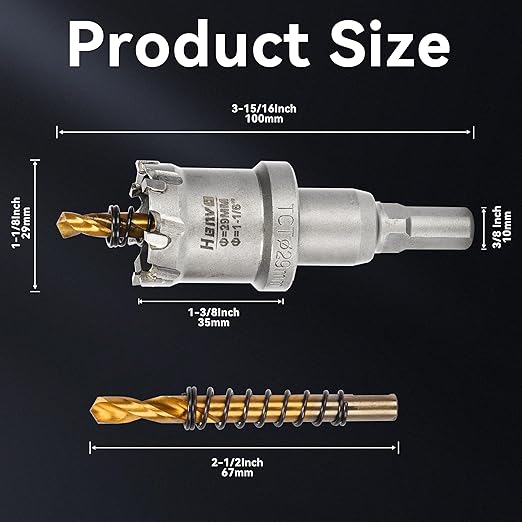 Hole Saw 1-1/8" (29mm) Heavy Duty Carbide with 2 Pilot Drill Bits - Metal Hole Cutter Cuts Stainless Steel, Iron, Copper, Brass, Plastic