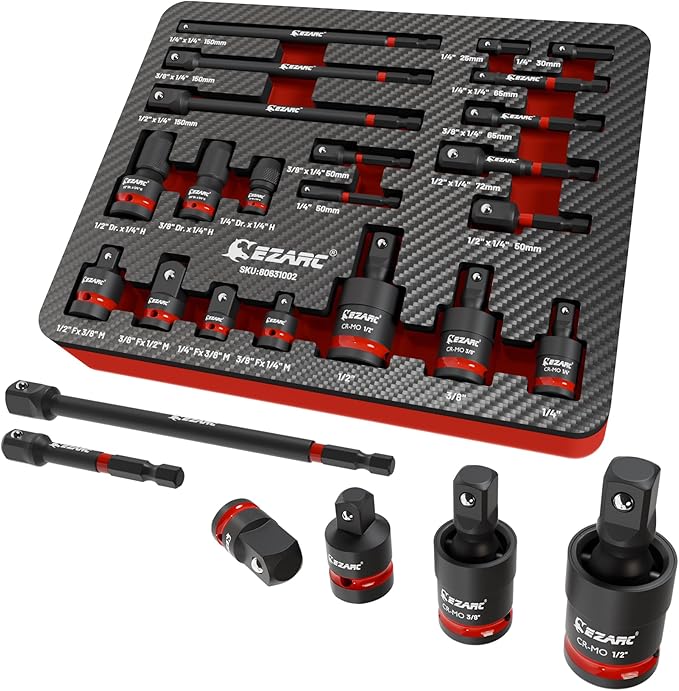 EZARC 21PCS Impact Socket Adapter Set, Includes CR-MO Universal Swivel Socket Set, CR-MO Impact Couplers, CR-V Reducers, CR-V Hex Extension Bits, Square Drive Sockets, 1/4", 3/8", 1/2" Drive