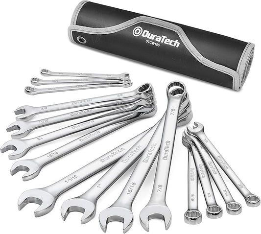 DURATECH Combination Wrench Set, SAE, 15-Piece, 1/4'' to 1-1/16'', 12-Point, CR-V Steel, with Rolling Pouch