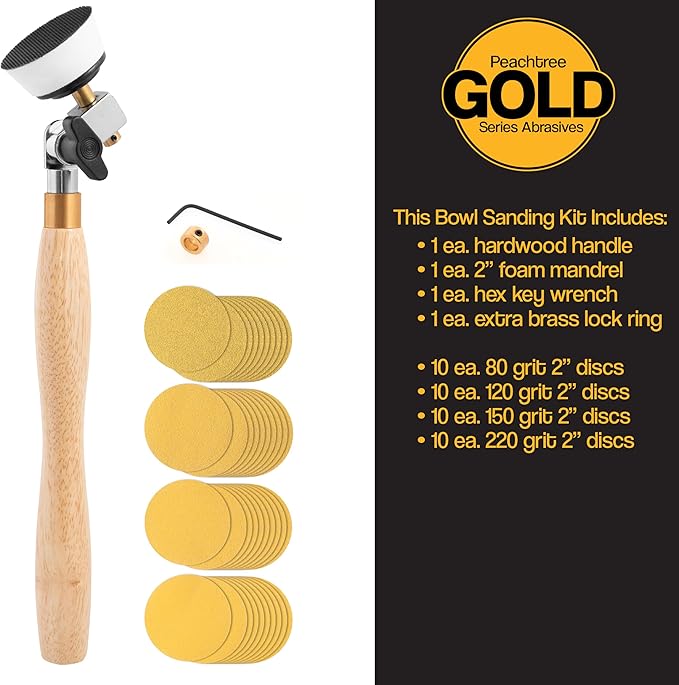 Bowl Sander Tool Kit w/Dual Bearing Head & Hardwood Handle, 42 Pieces Wood Sander Set, 2 Hook & Loop Sanding Disc Sandpaper Assortment, 1/4 Mandrel Bowl Sander