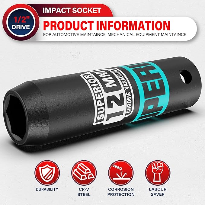 1/2" Drive Impact Socket, 12 mm Deep Socket, Metric, 6 Point, CR-V, for Automotive Maintaince, Mechanical Equipment Maintaince