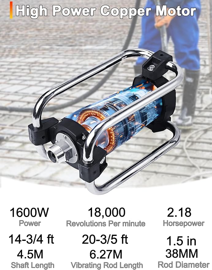 Concrete Vibrator, 1600W 2HP 18000RPM, 14-3/4ft Flexible Shaft, Electric Concrete Vibrating Tool, Hand Held Power Concrete Vibrators, Portable for Construction, Remove Air Bubbles Level Tool