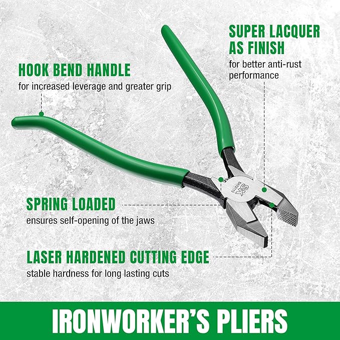 SK 9" Ironworker's Pliers, Wire Cutters With Heavy Duty Knurled Jaws, Spring Loaded Side Cutters, Premium CR-V Steel Construction, Linesman Pliers With Hook Bend Handle
