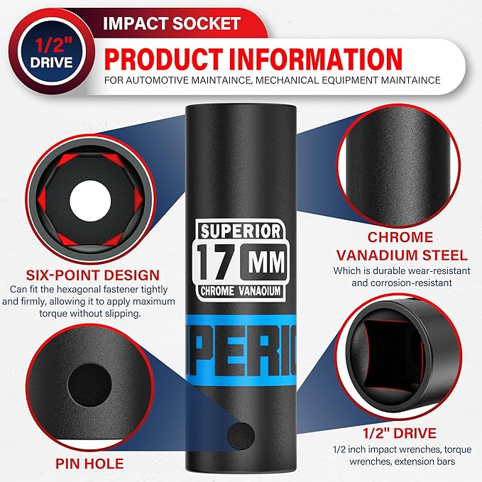 1/2" Drive Impact Socket, 17 mm Deep Socket, Metric, 6 Point, CR-V, for Automotive Maintaince, Mechanical Equipment Maintaince