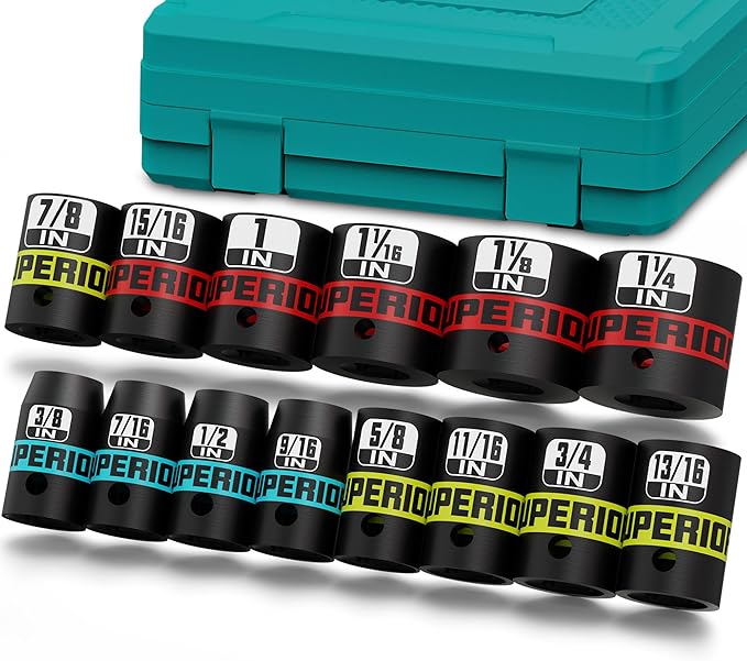 14 Piece 1/2" Drive Impact Socket Set, 3/8??to 1-1/4??Shallow Socket, SAE, 6 Point, CR-V, Automotive Maintenance, Machinery Manufacturing