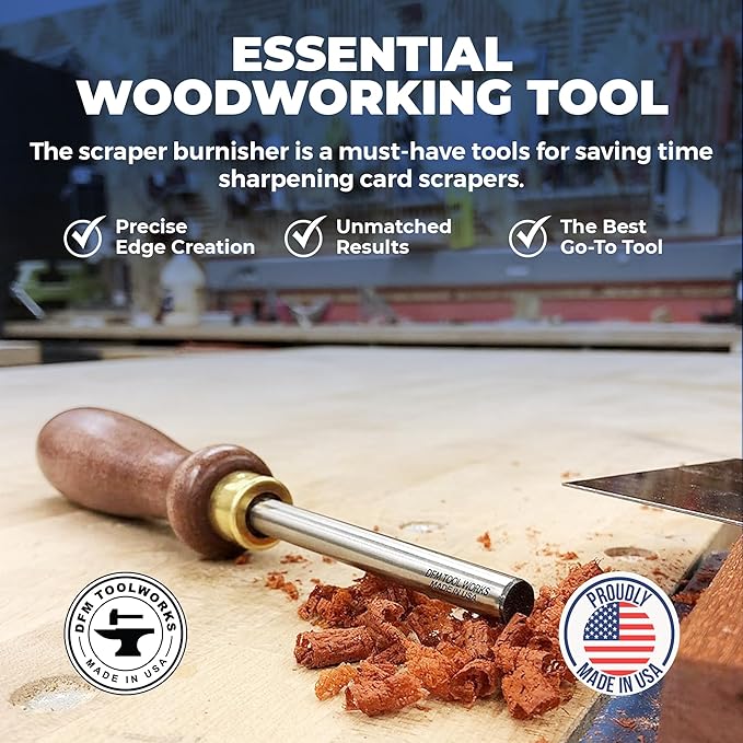 Cabinet Scraper Burnisher Tool - with Hard Maple Handle and Super Hard High Speed Steel Rod - Ideal for Card Scraper Burnishing and Woodworking Applications - Made in USA