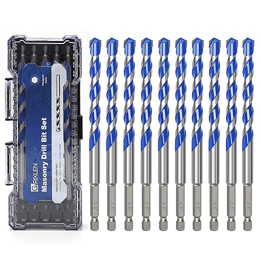 10 Pack 3/8 inch Concrete Drill Bit Set,Masonry Drill Bit Set with Hex Shank,Carbide Tip Drill Bits for Concrete,Brick, Plastic, Cement, Tile and Ceramic (3/8"竊?0 Pcs竊?