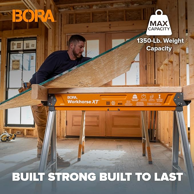 BORA Workhorse XT Saw Horses 2 Pack Folding Heavy Duty Adjustable Height Sawhorse Pair with Adjustable Legs, Heavy Duty Saw horse for Contractors Portable Workbench w/Built in Bottle opener PM-3360T