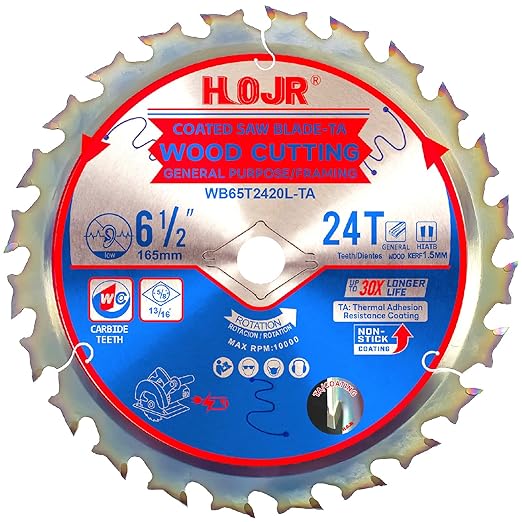 Woodworking Circular Saw Blade TA Series, 6-1/2" Arbor: 5/8", Framing/General Wood Cutting, Cutting Head with Special Anti-Heat Adhesion Coating, Long Life, High Finish, W6-1/2 24T Teeth TA