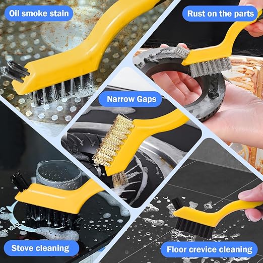 Wire Brush Set, 6 Pcs Brass/Stainless Steel/Nylon Wire Brushes for Cleaning with Curved Handle Grip for Rust Removal, Dirt, Paint Scrubbing(Yellow)
