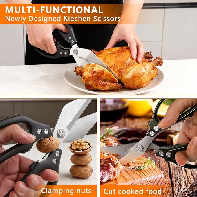 2-Piece Kitchen scissors (1 Heavy-Duty Poultry Shears + 1 Chicken Bone scissors) Stainless Steel Cooking Shears, Multi-purpose kitchen shears for meat, fish, vegetables, and poultry.