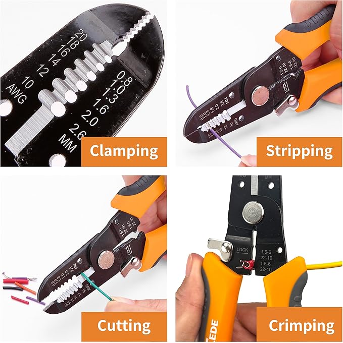 TULEDE 3 in 1 Wire Stripper Tool, 7.5 Inch Wire Stripper/Cutter/Crimping Tool for 10-20 AWG Solid and Stranded Wires, Come with Safety Lock & Invisible Spring, Made of 65Mn for Durability