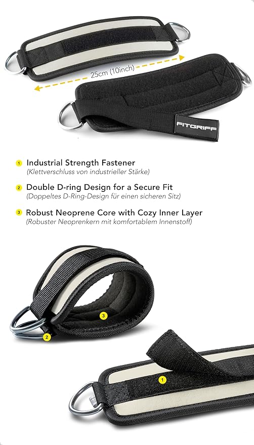 Fitgriff짰 Ankle Straps V1 for Cable Machine (2 Pieces) - Gym Workout Equipment - Leg Pulley Attachment, Kickback Straps