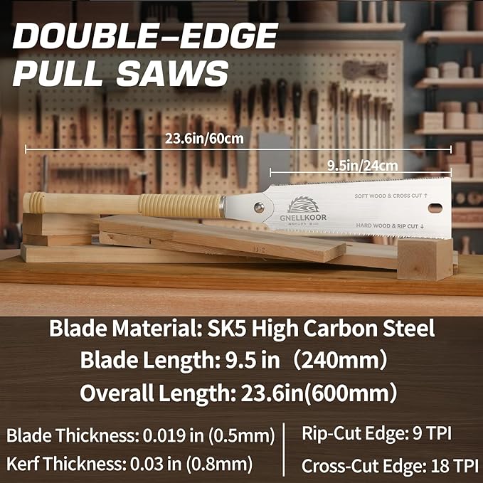 Japanese Hand Pull Saw, 9.5 In Ryoba Double Edge Saw of 9/18 TPI Professional Rip & Cross Cut Tool to Help Carpenter for achieve Soft Hard Woods or Furnitures Cutting Work Accurately Quickly