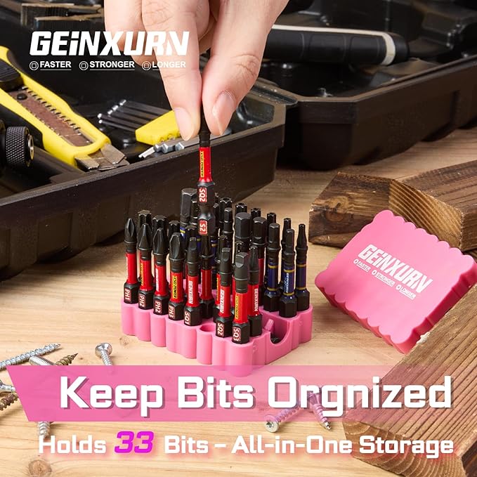 Impact Screwdriver Bits Set, 33 Pieces 2?쒶ulti Head Magnetic S2 Steel Driver Bits PH/SQ/Torx/Slotted/Hex/Security Torx With Pink Soft Base