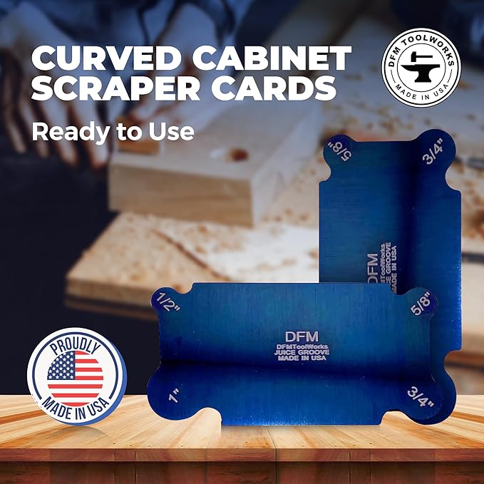 Curved Cabinet Scraper Cards - Precision Cabinet Scraper for Woodworking, Multi-Use Woodworking Tools, Wood Finishers, Quality Card Scraping Tool, Made in USA, Juice Groove - Blue
