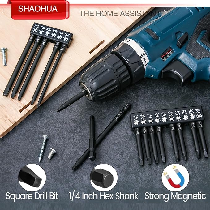 16PCS Magnetic Screwdriver Bits, 6PCS SQ0/1/2/3/4 Square Drive Bits(3.93Inch) and 10PCS SQ2 Square Screwdriver Bit (2.36Inch), 1/4 Hex-Shank Pocket Hole Screw Drill Bit, S2 Steel Long Screwdriver Bits