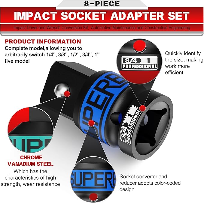 8-Piece Impact Socket Adapter Set, 1/4", 3/8", 1/2", 3/4", 1" Socket Converter and Reducer, Impact Driver and Wrench Conversion Kit, Automotive Maintenance and Construction Engineering