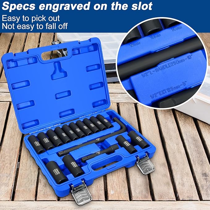 SORAKO 1/2??Impact Socket Set, 16 Piece Metric Deep Socket Set 10-24 mm,Deep Impact Socket Set with Extension Bar & L Handle 6 Point Cr-V Steel Drive Socket Set with Portable Case