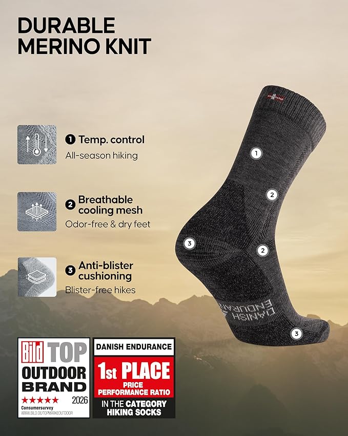 DANISH ENDURANCE Merino Wool Hiking Crew Socks for Men & Women, Cushioned Anti-Blister, Breathable - 3 Pairs