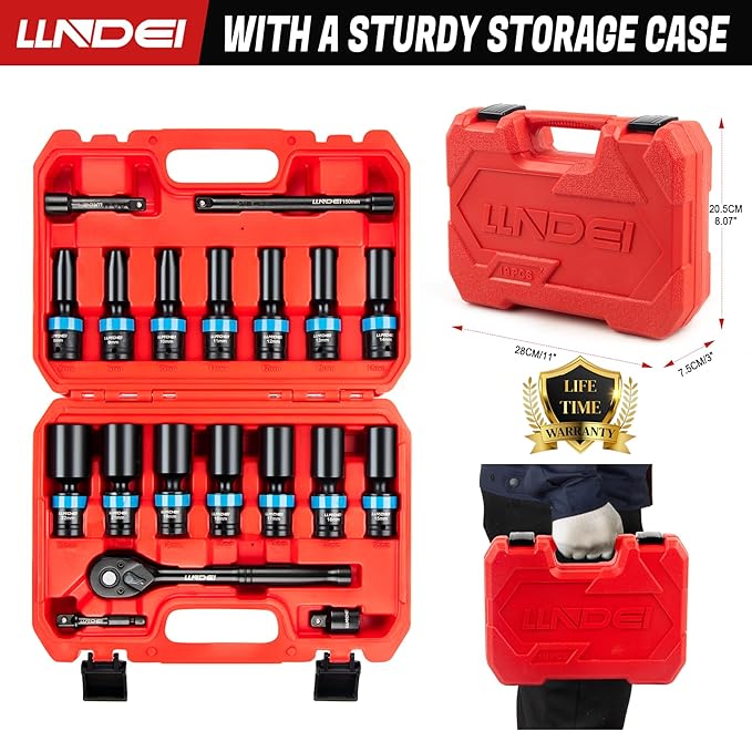 LLNDEI 3/8" Drive Swivel Socket Set, 19PCS Deep Universal Impact Socket Set, Metric(8mm-22mm) Premiun Wobble Socket Set, CR-MO Steel,3"& 6" Extension Bar, Ad