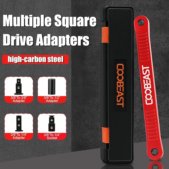 Red Offset Extension Wrench Impact Ready Socket Wrench Extender Tool with Versatile 1/4", 3/8", and 1/2" Square Drive Adapters, Universal Extensions Wrench for Small Place