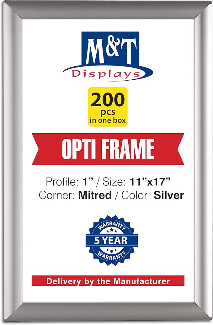 M&T Displays Opti Snap Poster Frame 11x17 Inch Silver 1" Aluminum Profile Front Loading Wall Mounting Photo Picture Document Certificate Sign Holder Mitered Corner Anti Glare Cover (200 pack)