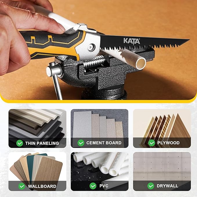 KATA Folding Jab Drywall Saw - Compact Hand Saw, Keyhole Sheetrock Opener with Soft Handle, 7TPI Triple Teeth 65Mn Steel Sharp Blade Hacksaw with Canvas Bag for Wallboard, Plywood, PVC Cutting